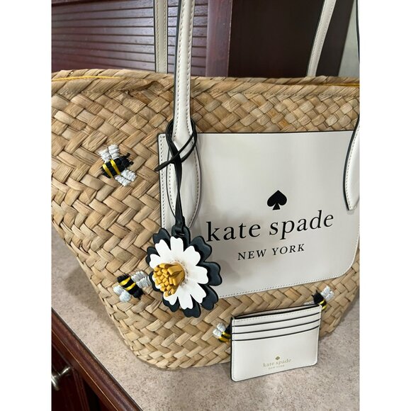 Kate Spade Honey Bee Straw Tote Bag With Matching Wallet Woven Straw Design Yell - Picture 4 of 9